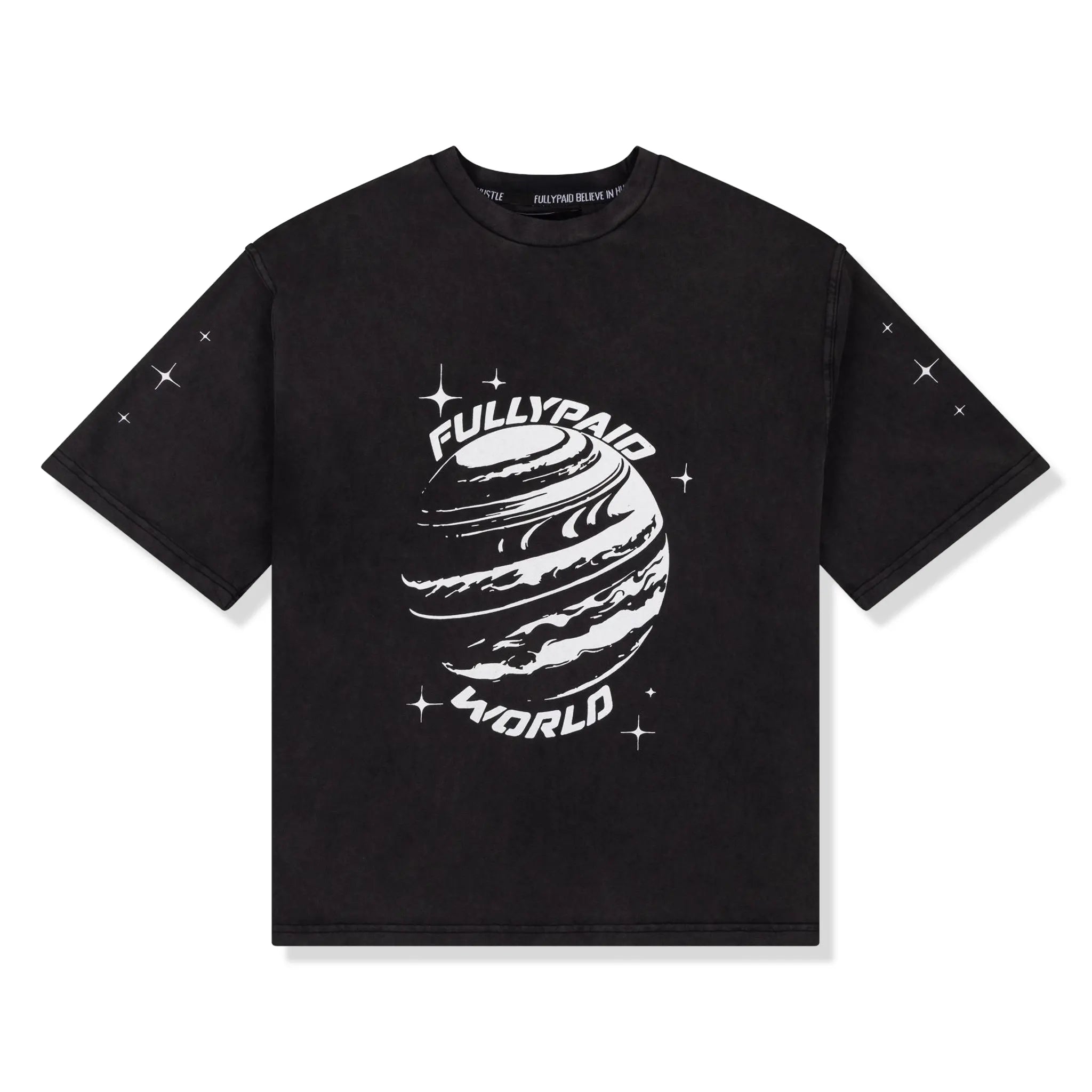 Front View of Fully Paid World Acid Wash Black T-Shirt